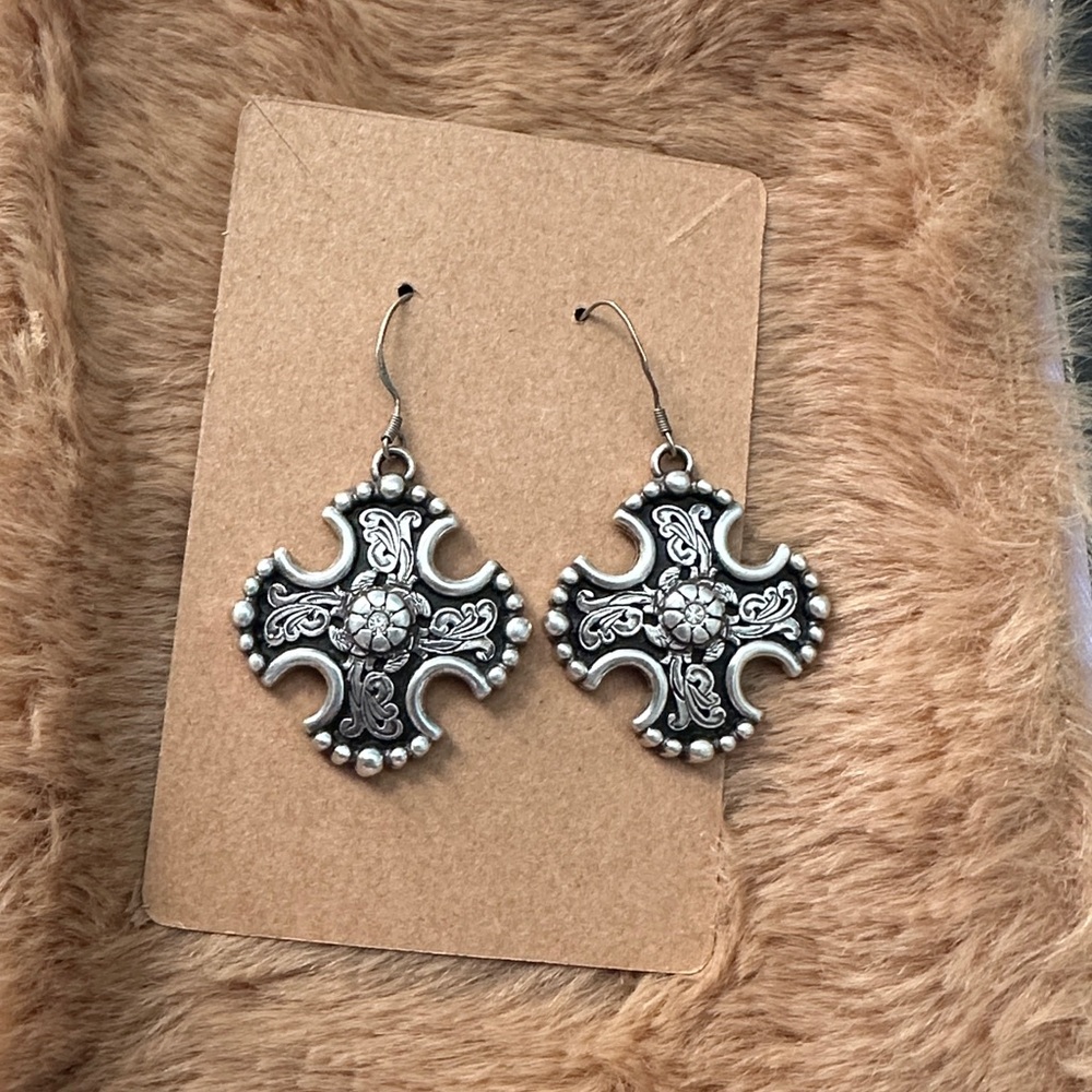 Silver and black western cross earrings
